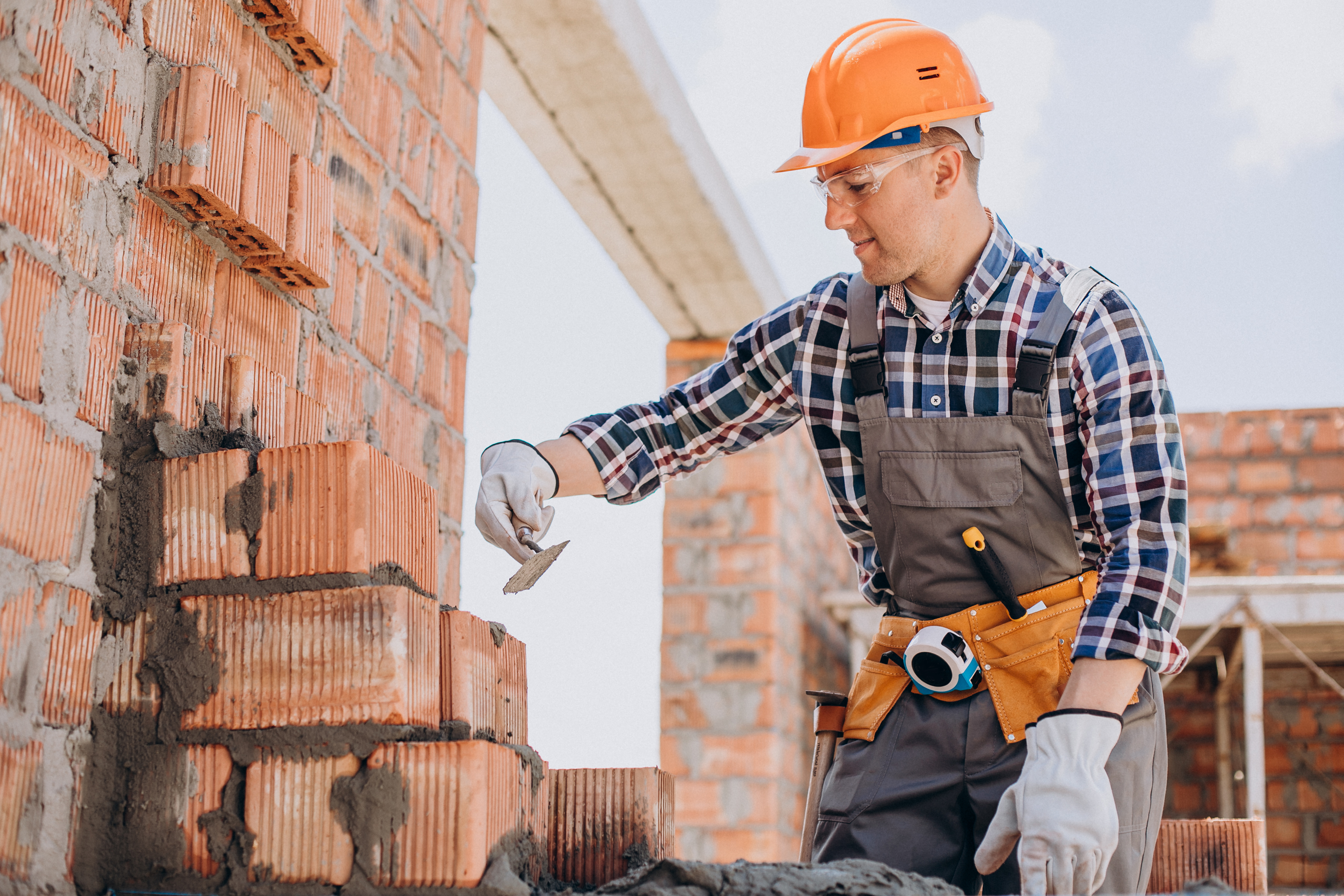 One of the Best Masons Near Ottawa is wearing an orange hard hat, safety glasses, coveralls, and a plaid shirt & gloves. He is holding a brick trowel and is preparing to set the next row of bricks.