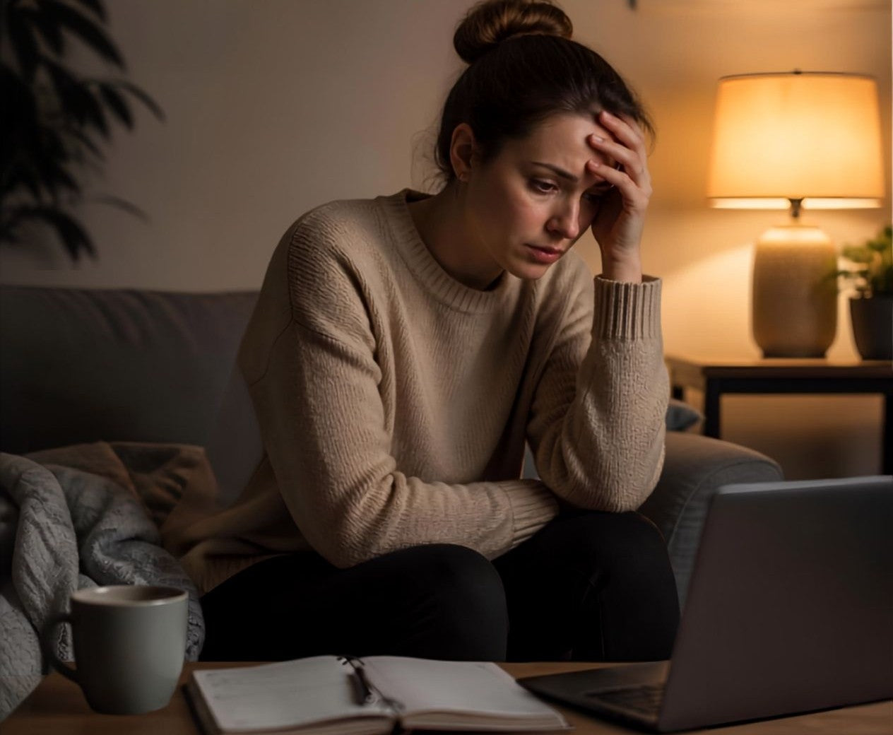 A woman with an anxious look stares at here computer screen while worrying about what Monday will bring.