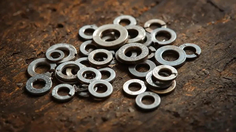 Pile of Various Stainless Steel Washers on a Wooden Surface