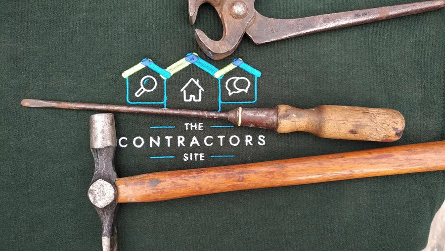 Vintage tools on a green background with 'The Contractors Site' logo.