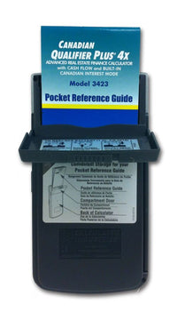 Canadian Qualifier Plus 4x Model 3423 pocket reference guide in the calculator’s rear storage compartment