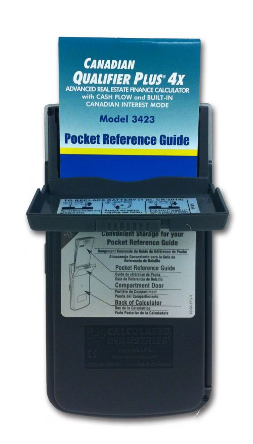 Canadian Qualifier Plus 4x Model 3423 pocket reference guide in the calculator’s rear storage compartment