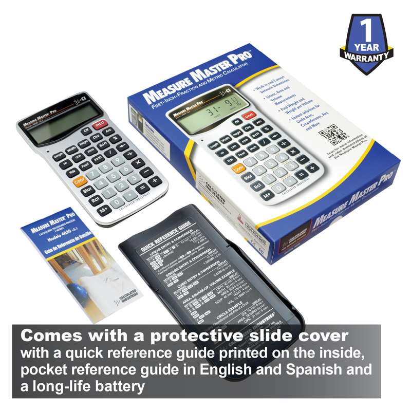 Measure Master Pro calculator with retail box, protective slide cover and pocket reference guide