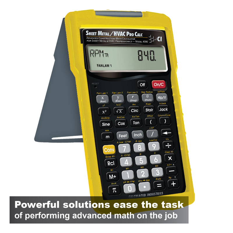 Sheet Metal HVAC Pro 4090 calculator in yellow protective case with rear stand