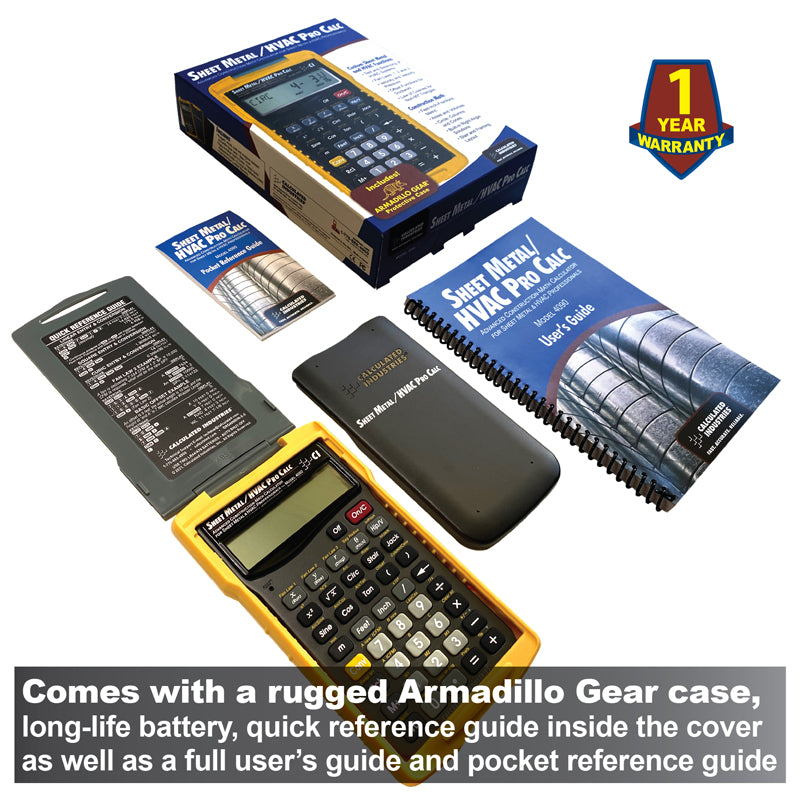 Sheet Metal HVAC Pro calculator with retail box, protective covers and reference guides
