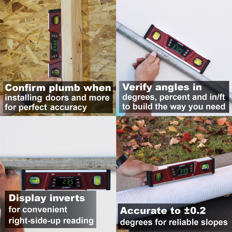 AccuMASTER digital level demonstrating plumb, angle, inverted-display and slope measurements