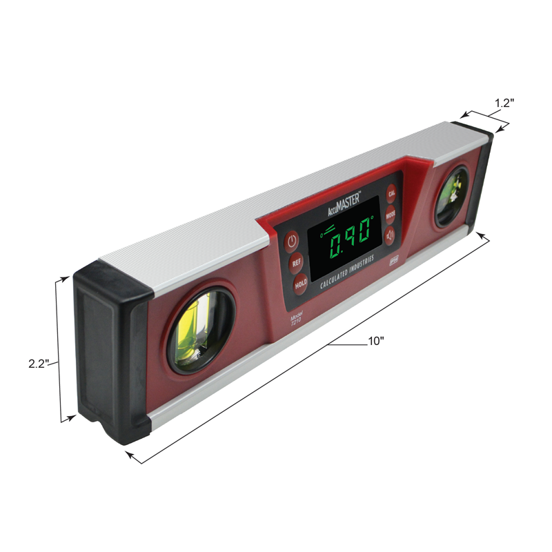 AccuMASTER digital torpedo level with dimension arrows showing its 10-inch length
