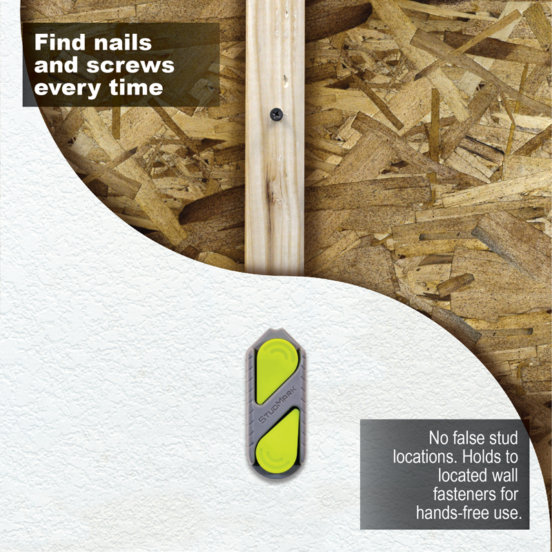 StudMark magnetic locator on drywall with an illustration of a screw in timber framing behind the wall