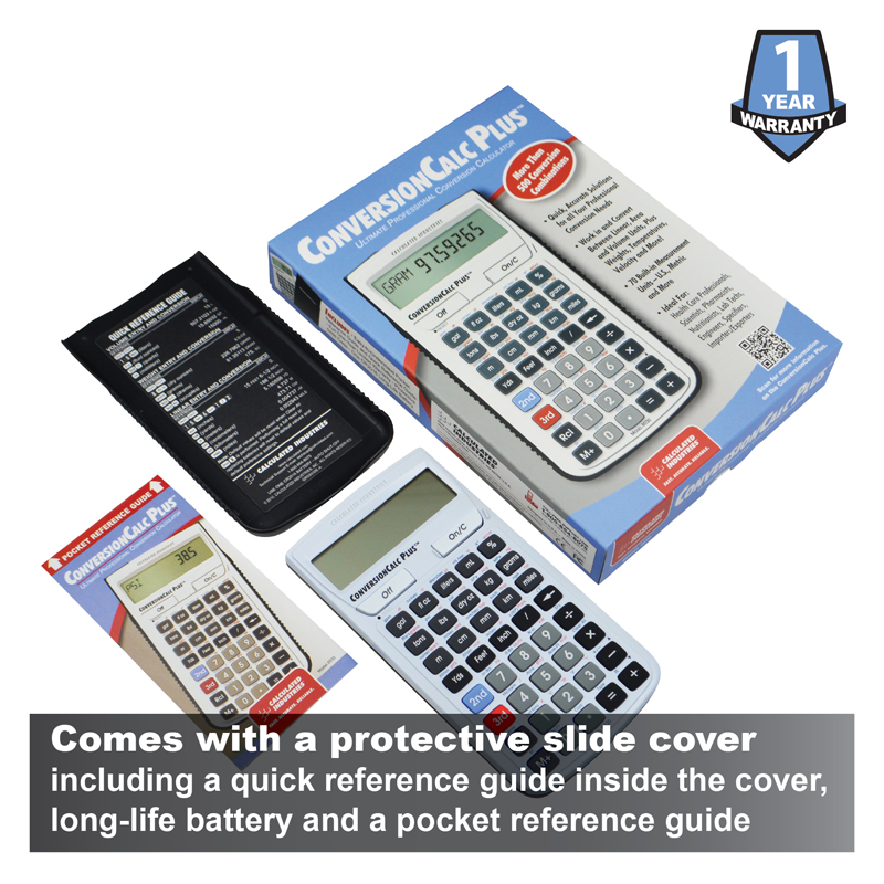 ConversionCalc Plus calculator with retail box, protective slide cover and pocket reference guide