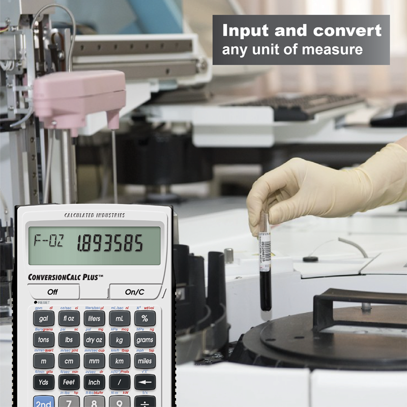ConversionCalc Plus calculator shown beside a gloved hand holding a sample tube in a laboratory