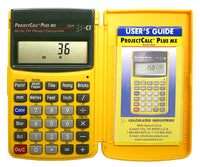 ProjectCalc Plus MX calculator in an open yellow hinged case with user's guide
