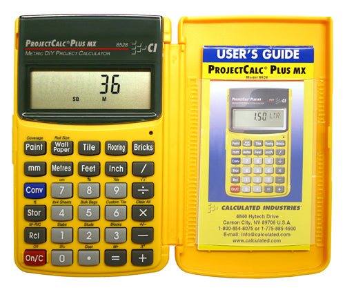 ProjectCalc Plus MX calculator in an open yellow hinged case with user's guide