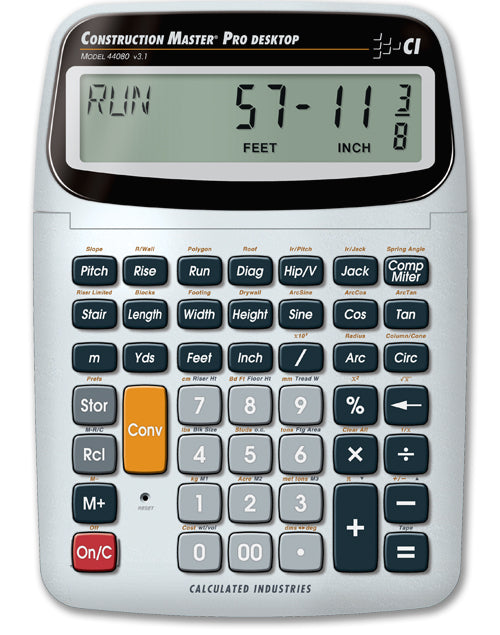 Calculated Industries Construction Master Pro Desktop 44080 calculator with large LCD display and construction-math keypad on a white background