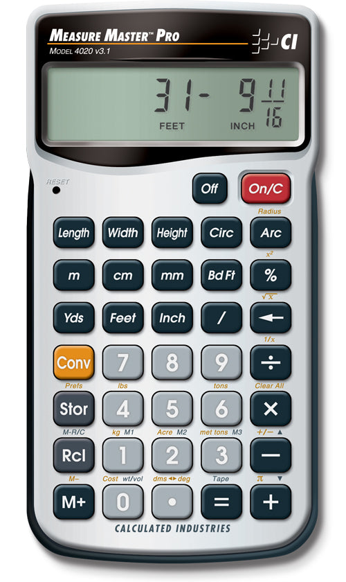 Calculated Industries Measure Master Pro 4020 calculator with LCD display and measurement-conversion keypad on a white background.