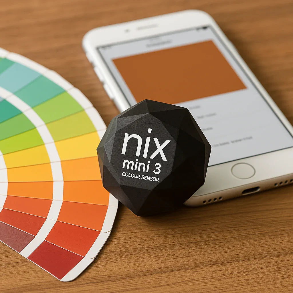 nix mini 3 color sensor next to a smartphone and color swatch on a wooden surface