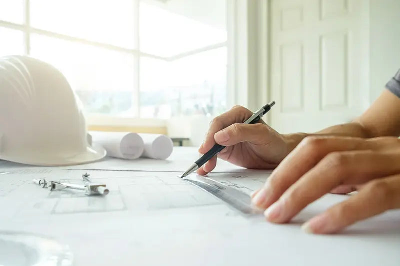 Person writing on a document with a hard hat and blueprints in the background