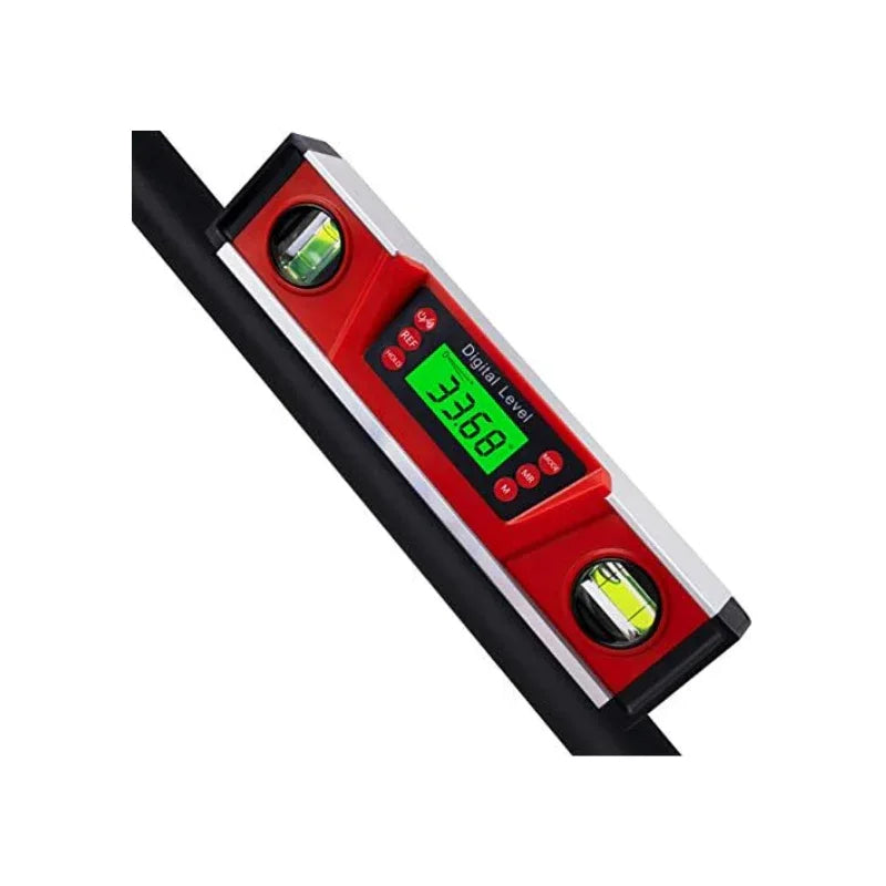 Digital level with red casing and digital display on a white background