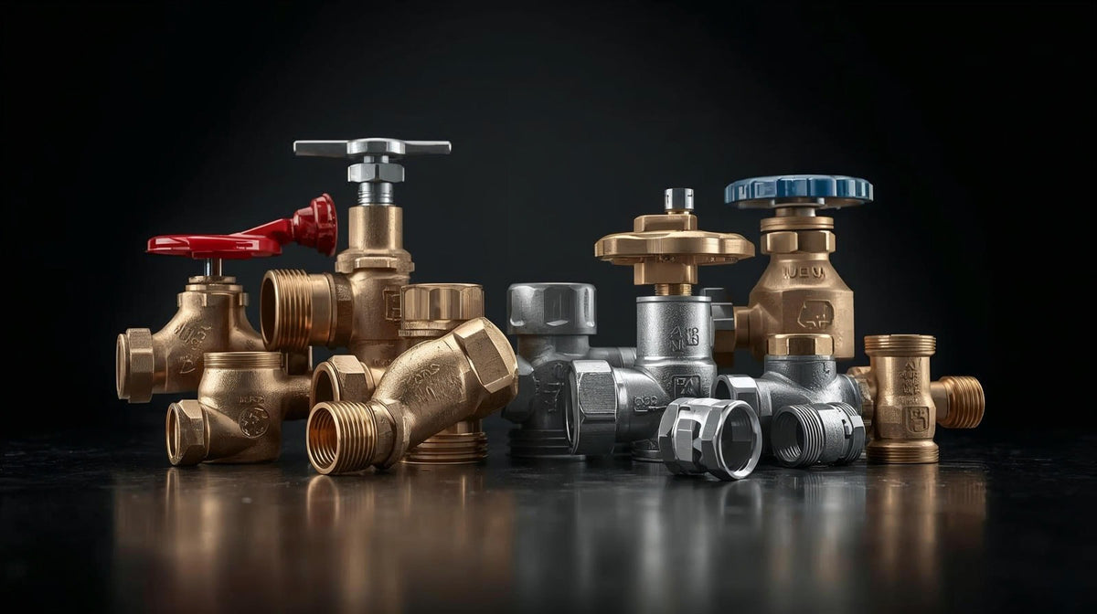 Collection of brass plumbing valves and pipes on a reflective surface with a dark background