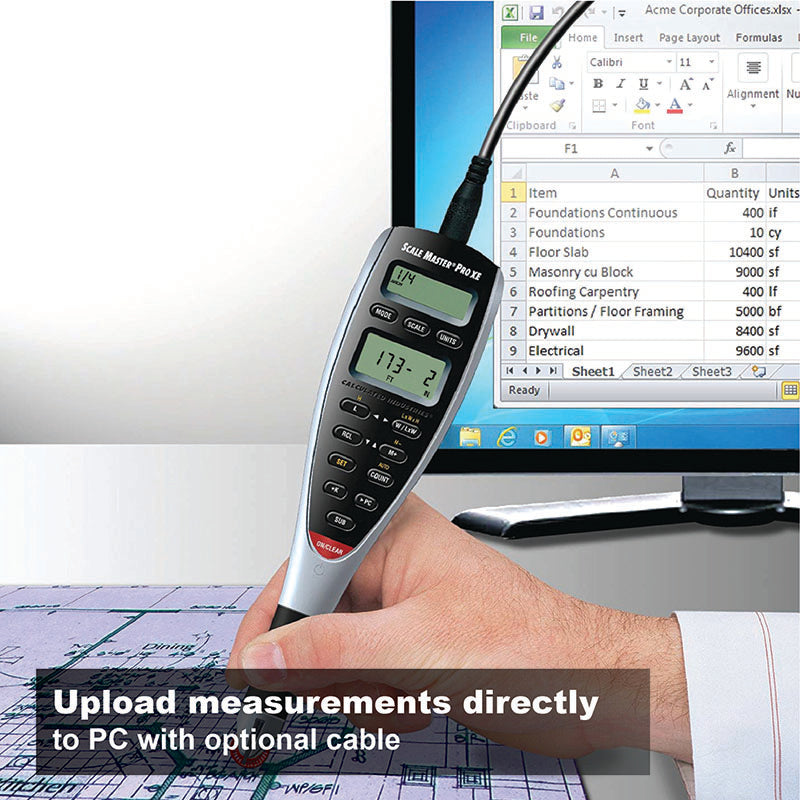Scale Master Pro XE connected by an optional cable to a computer displaying a spreadsheet and architectural plan.