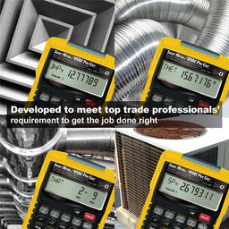 Yellow HVAC professional calculators with digital displays on a background of HVAC equipment.