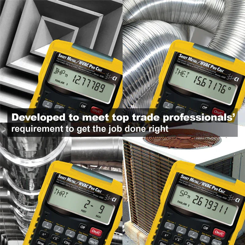 Yellow HVAC professional calculators with digital displays on a background of HVAC equipment.